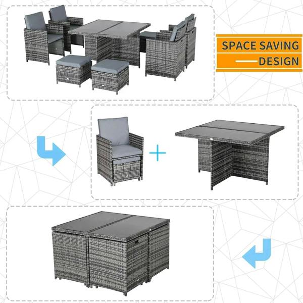 Grey rattan dining set with square glass table, armchairs, and two cushioned ottoman stools