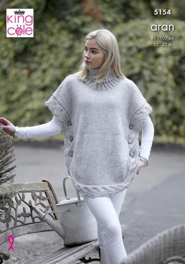 King Cole Fashion Aran Knitting Pattern 5154, Ponchos, Sweaters for Women, 32 - 42 Inches