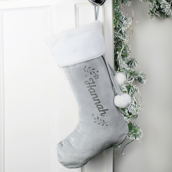 Personalised Memento Company Personalised Holly Grey Christmas Stocking
