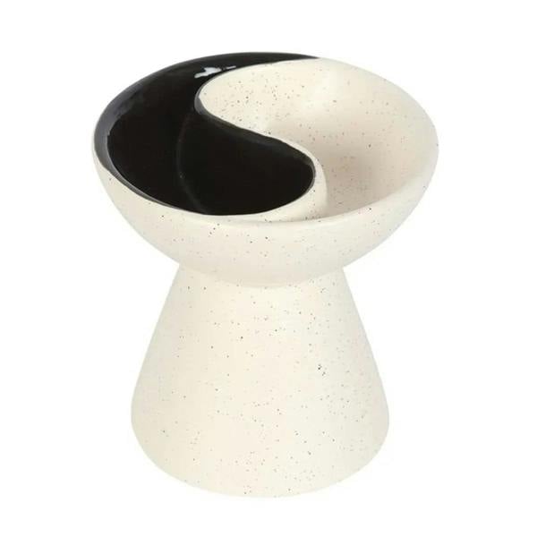 Ceramic yin-yang oil burner, speckled white body with black-and-white dual bowl design