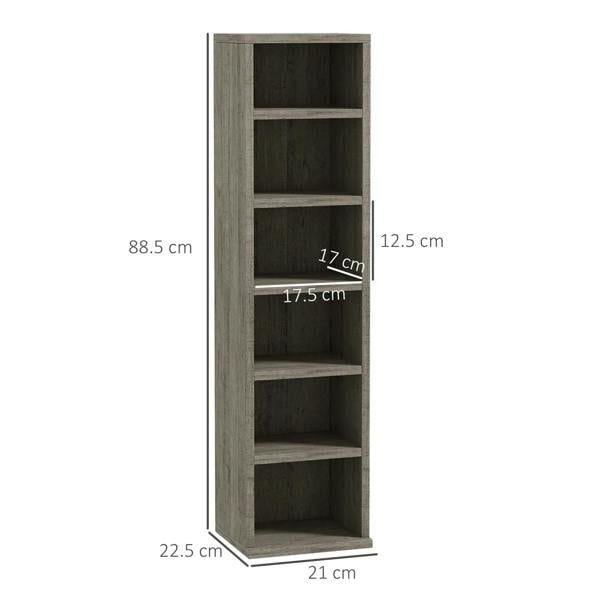 Dark wood-effect vertical CD storage unit with open cubby shelves, side view.
