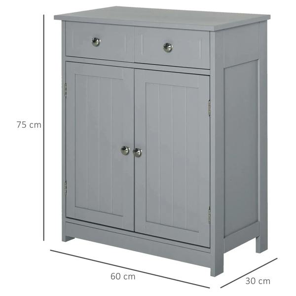 Grey freestanding bathroom cabinet with two drawers and double doors, metal knobs