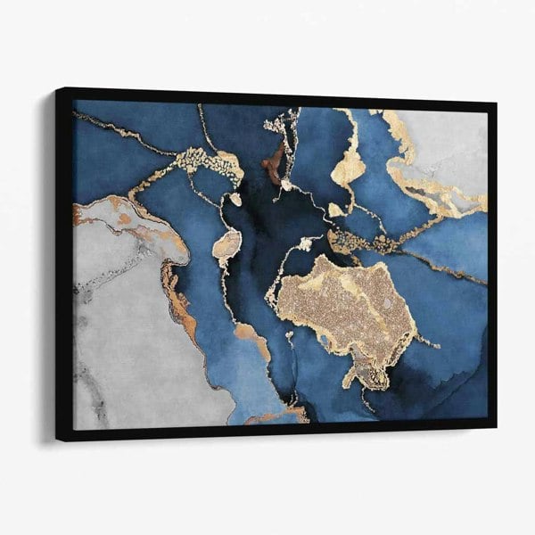 Artze Wall Art Abstract Navy Blue, Grey and Gold Canvas Art Print
