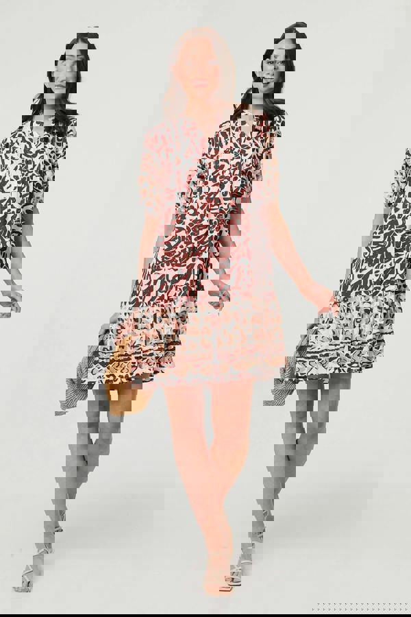 Brown | Border 1/2 Sleeve Short Shirt Dress
