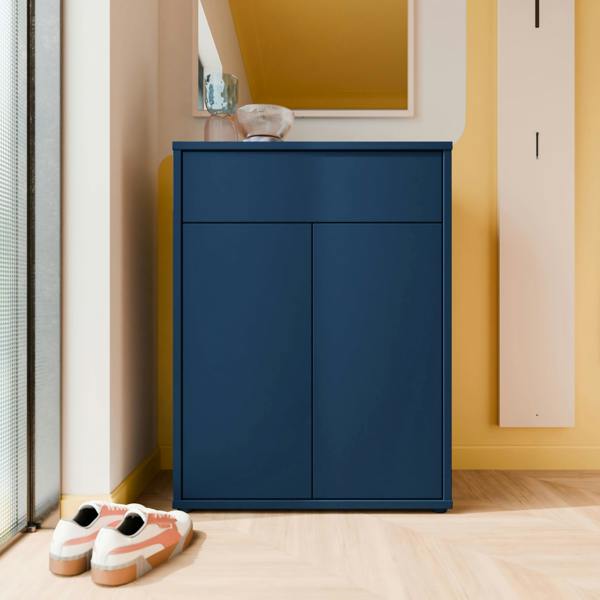 Furniture To Go Alice Springs Compact Shoe Cabinet with 2 Doors Push-to-Open & 1 Drawer Push-to-Open in Night Blue