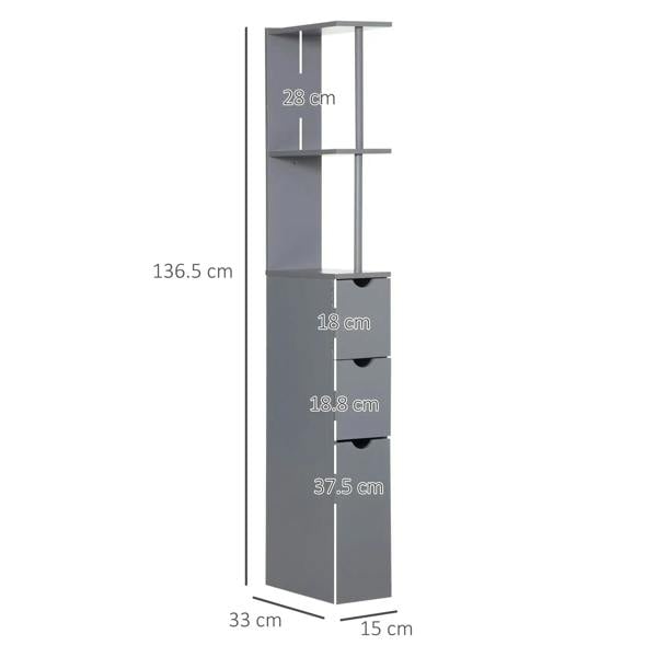 Grey tall bathroom cabinet with two open shelves and three drawer fronts.