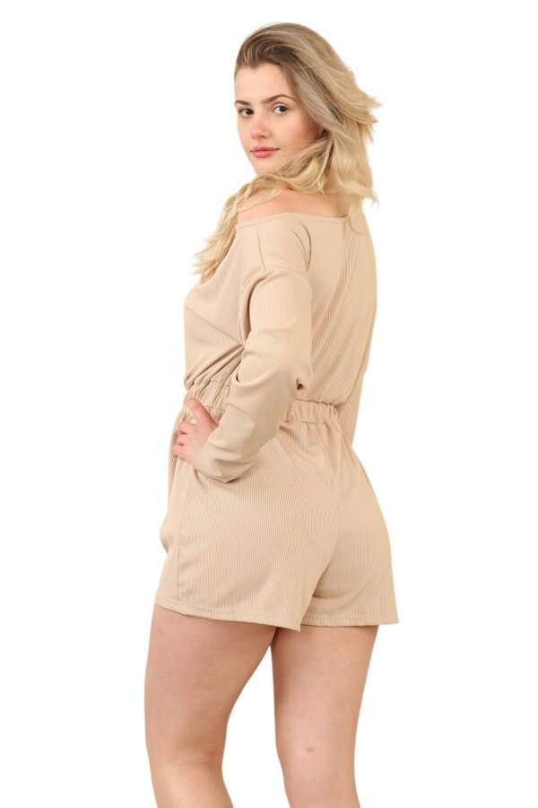 Beige Long Sleeve Drawstring Ribbed Playsuit