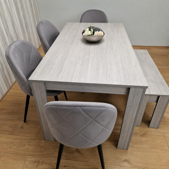 Kosy Koala Light Grey Arrow Pattern Dining Table Set with 4 Grey Velvet Chairs & Bench, 140x80x75cm