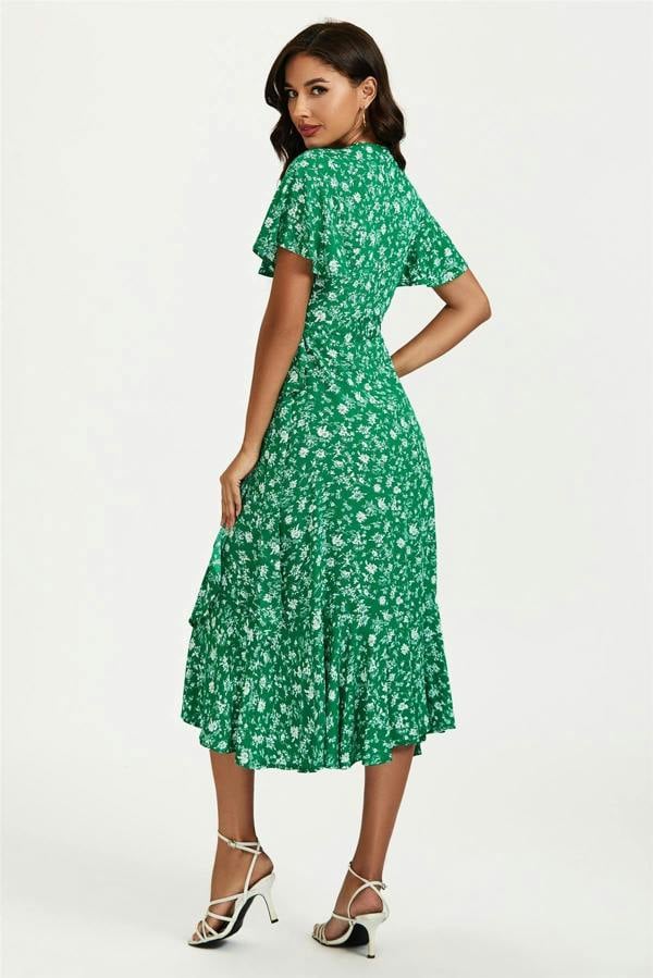 FS Collection Floral Print Midi Wrap Dress In Green