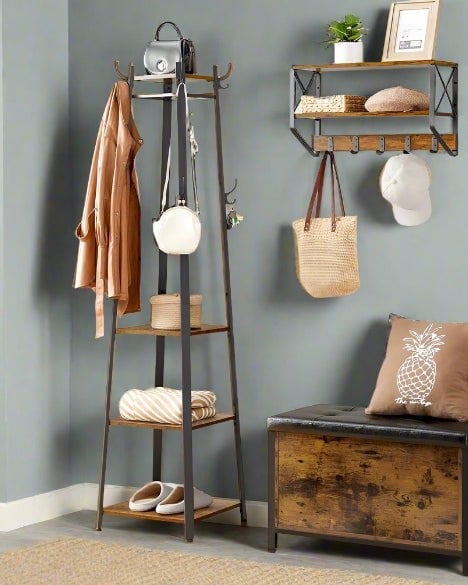 Modcraft Industrial Coat Rack with Hooks and 3-Tier Storage Shelves – Black & Rustic Brown