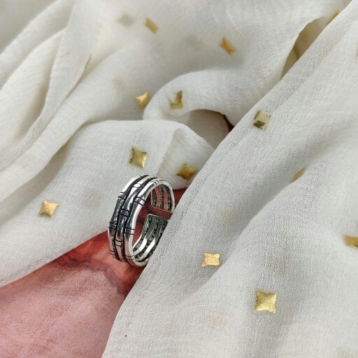 The Colourful Aura Silver Adjustable Thick Multilayer Bamboo Dainty Band Ring