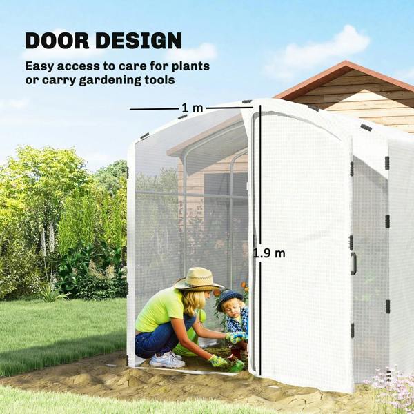 Walk-in greenhouse with white PE cover door opening for easy access to plants