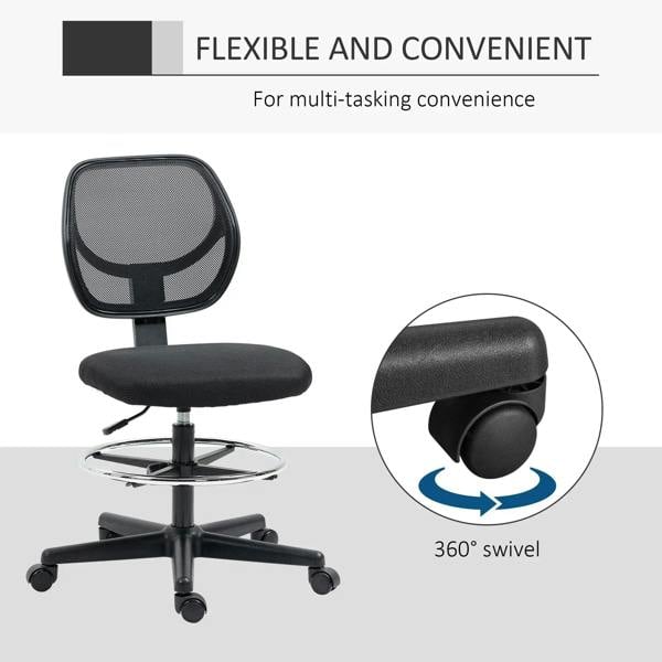 Black armless swivel standing desk chair with mesh back and padded seat, 360° swivel base