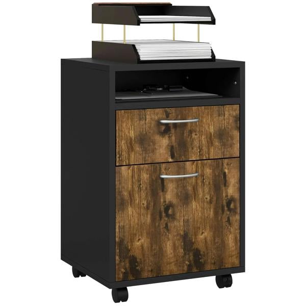 Mobile filing cabinet with drawer and open shelf, rustic brown panels, metal handles, wheels.