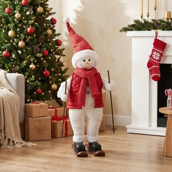 Bobobiy 2ft Singing Skiing Santa Claus, Standing Christmas Animated Santa Figure with Ski Board, Poles, Sound/Touch Activated - Red