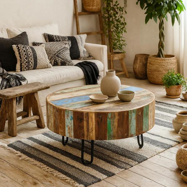 Wyld Haus Seattle Reclaimed Wood and Metal Drum Coffee Table