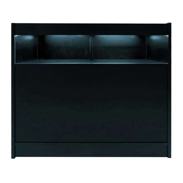 Sagittarius LED Shop Counter Set in sleek black, featuring a smooth surface, illuminated shelves, and modern design for retail spaces
