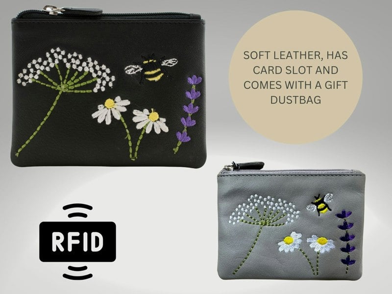 Mala Leather Embroidered Blossom Bee & Daisy Leather Coin Purse