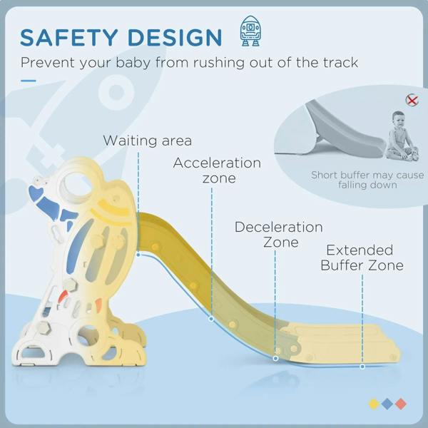 Safety design diagram for blue and white kids slide with buffer zones