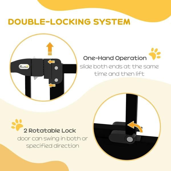 Black metal dog safety gate with double-lock slider mechanism close-up