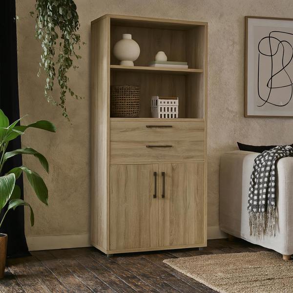 Wyld Haus Dris Natural Oak Wood Effect Bookcase 2 Shelves 2 Drawers 2 Doors