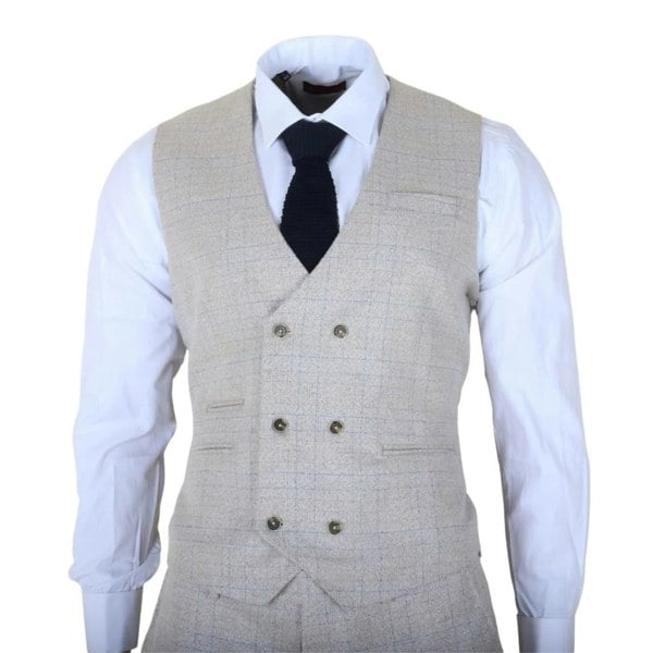 Robert Simon Luis - Men's Cream Plaid Check Slim Fit 3 Piece Suit