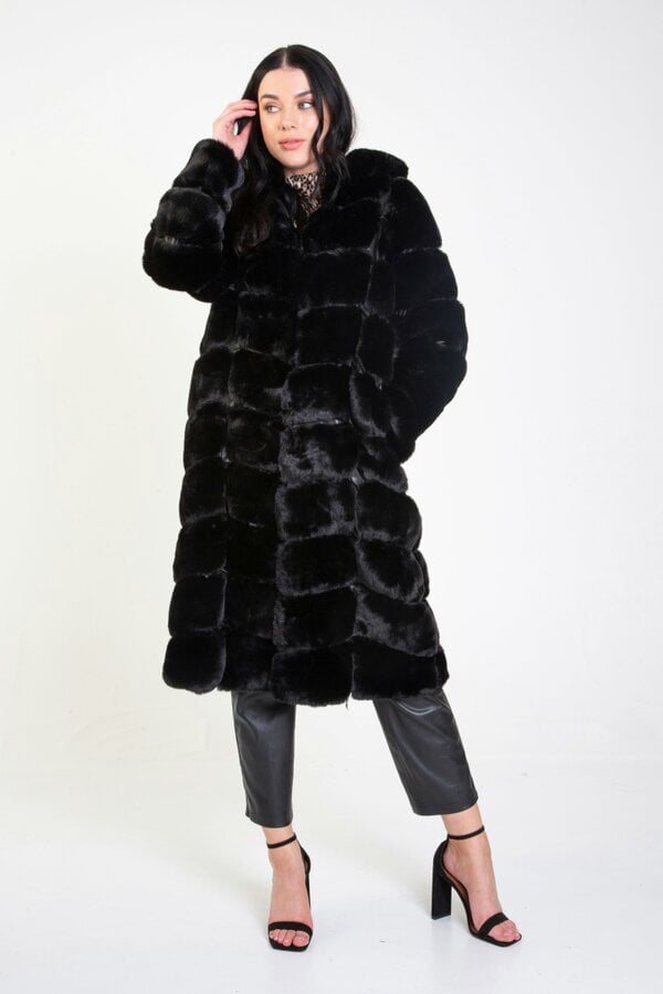 Gini London Black Panelled Hooded Longline Fur Coat