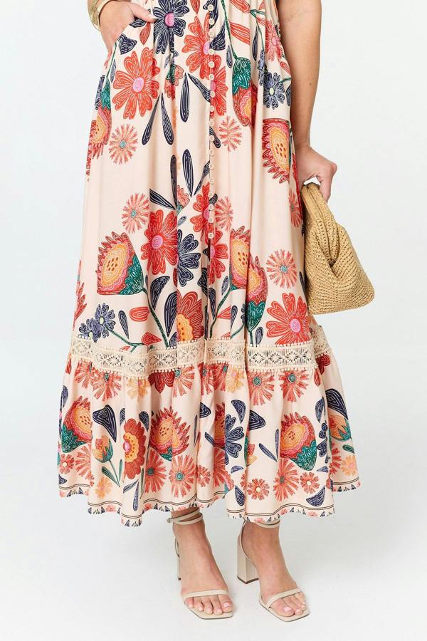 Orange | Floral Cap Sleeve V-Neck Maxi Dress