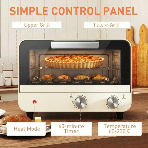 Mini Oven, Small Toaster Oven with Glass Door, Adjustable Temperature and Timer, Accessory Included, 750W, Cream White