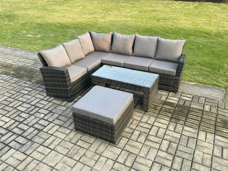 Fimous 7 Seat Rattan Garden Furniture Corner Sofa Set Outdoor Patio Sofa Table Set with Big Footstool Dark Grey Mixed