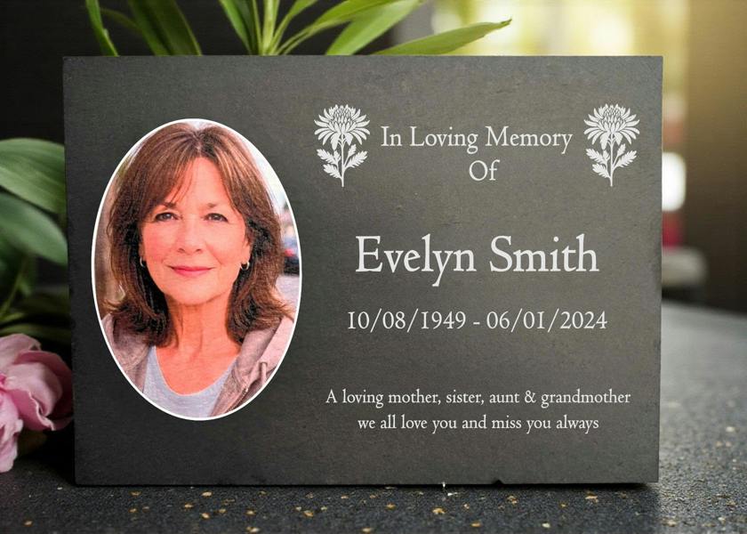 Memorials Direct Photo Slate Memorial Plaque, Chrysanthemum, Add a Portrait & Personalised Text | 35×25cm (14×10”)