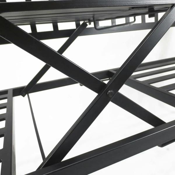 Black metal folding table frame with cross-braced supports and visible bolts