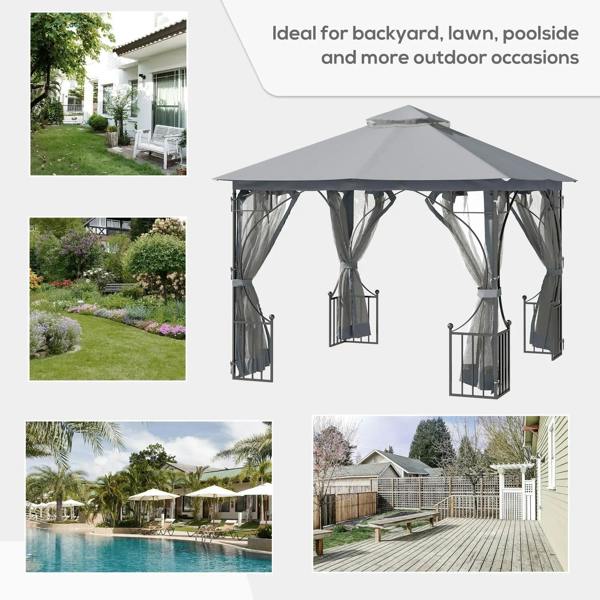 Light grey garden gazebo with mesh curtains and double canopy for outdoor patio shade