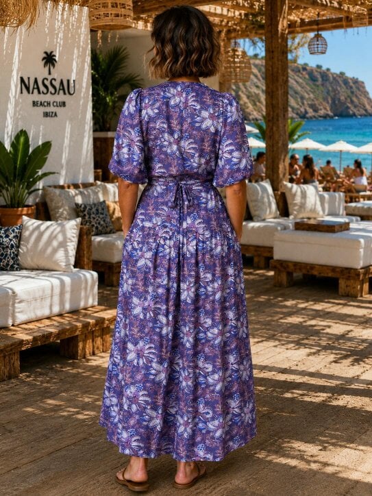 Lilian Wrap Dress - Puff sleeve wrap dress in a purple floral viscose satin, Maxi length