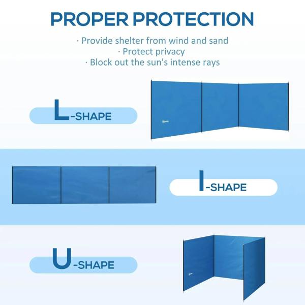 Blue camping windbreak with 4 panel fabric and steel poles, freestanding privacy shield