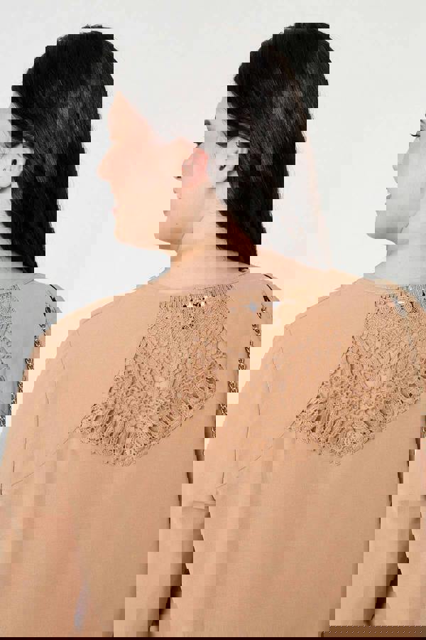 Beige | Curve Lace Back Long Sleeve Relaxed Top