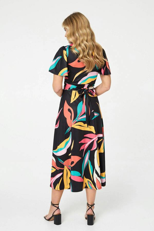 Green | Abstract Faux Wrap Tie Back Midi Dress