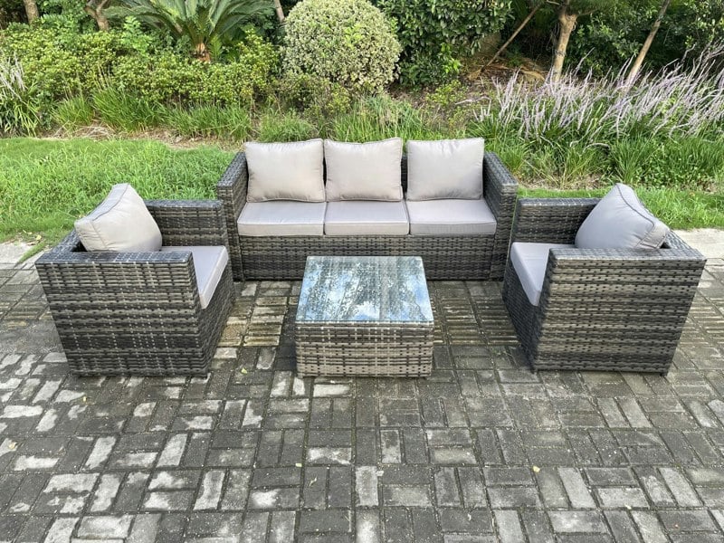 Fimous Outdoor Lounge Sofa Set Wicker PE Rattan Garden Furniture Set with Armchair Square Coffee Table Dark Grey Mixed