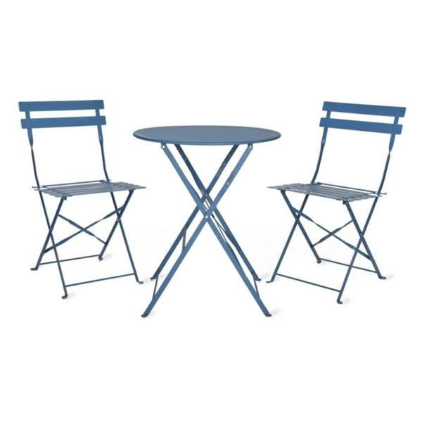 Cornflower blue metal folding bistro table and two slatted chairs on a plain white background.
