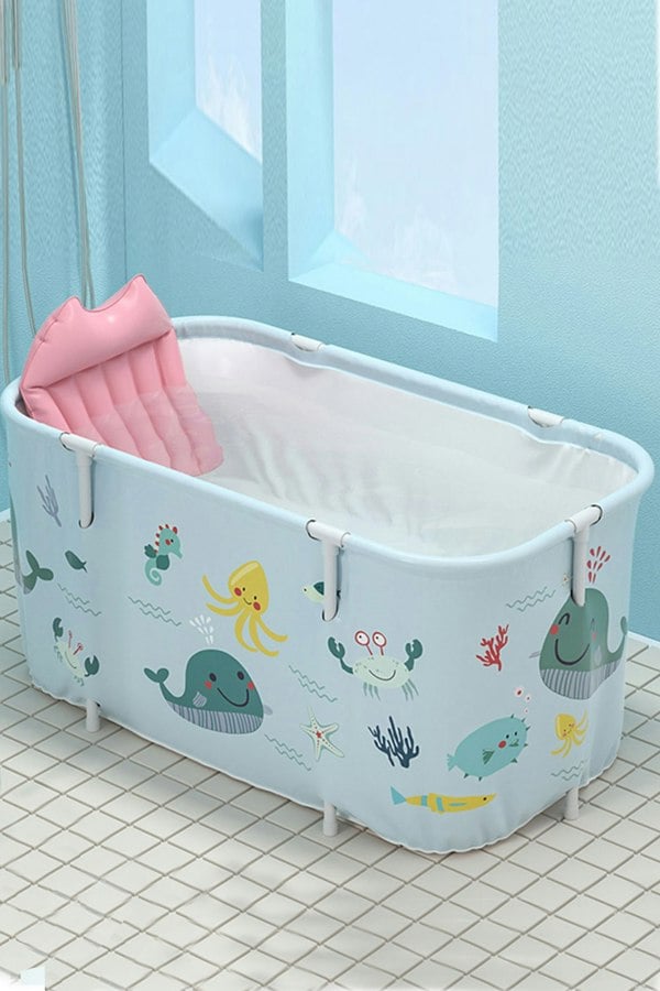 Living and Home 120cm W x 55cm D x 50cm H Large Portable Foldable Bathtub with Cushion Light Blue