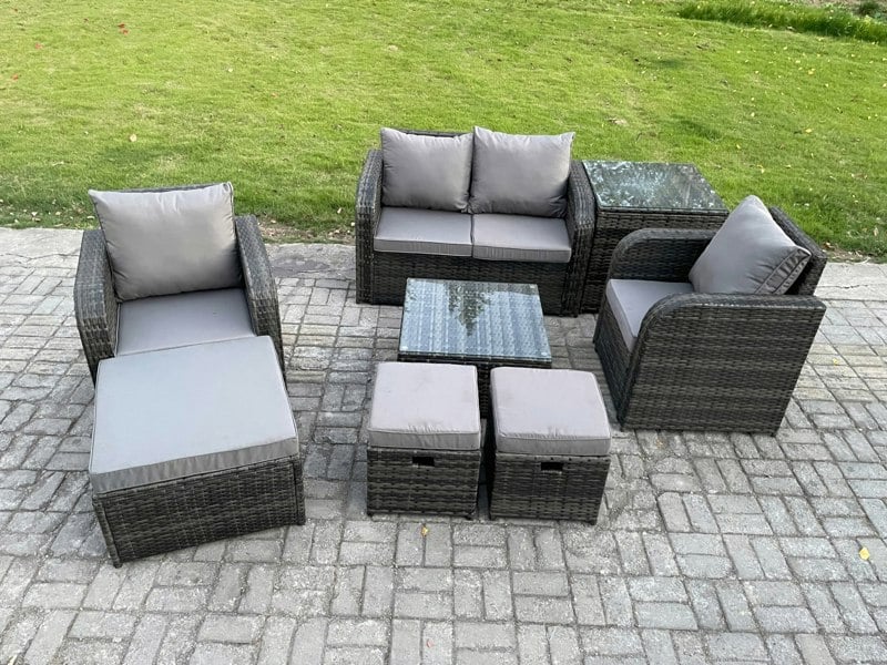 Fimous Rattan Garden Furniture Set Patio Conservatory Indoor Outdoor 8 Piece Set with Love Sofa Square Coffee Table 3 Footstools Side Table