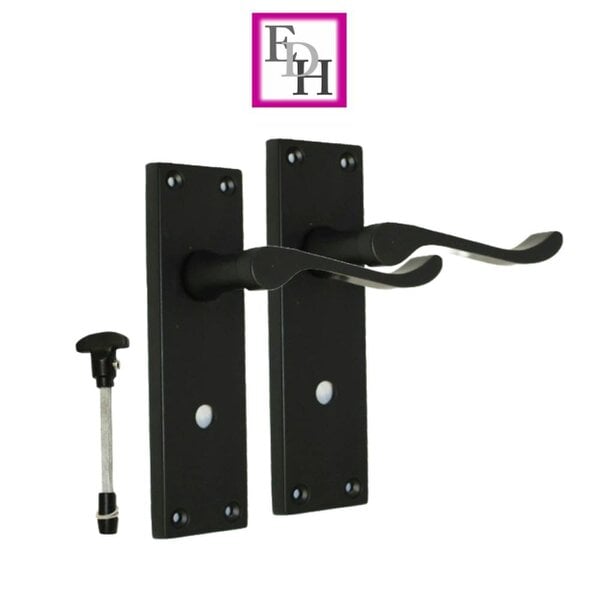 EDH Door Hardware Matt Black Modern Victorian Scroll Bathroom Door Handles and Bath Lock 1 Pair