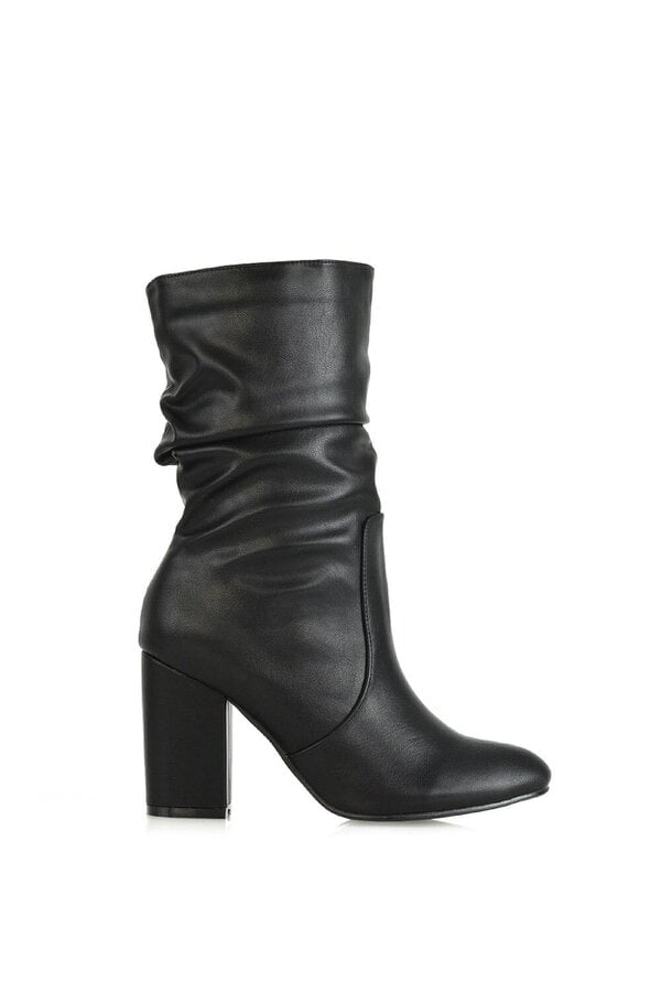 XY LONDON Mid Calf High Block Heel Ruched Boots - Black