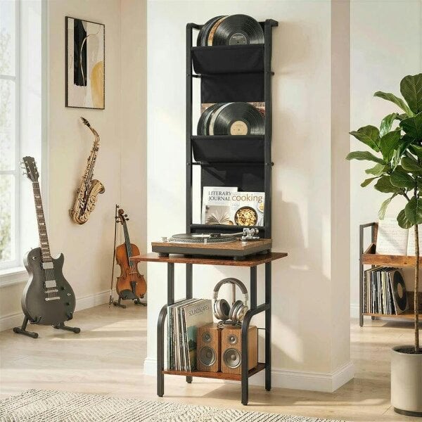 Bobobiy Vinyl Record Player Stand Record Storage with Player Stand Oxford Fabric Pockets Bottom Shelf Rustic Brown and Black - Rustic Brown and Black