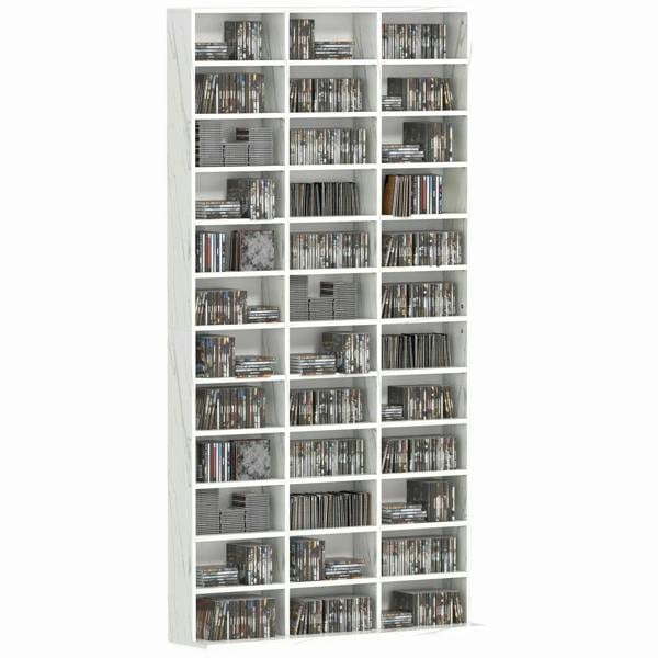 White CD storage cabinet with many adjustable shelves, front view