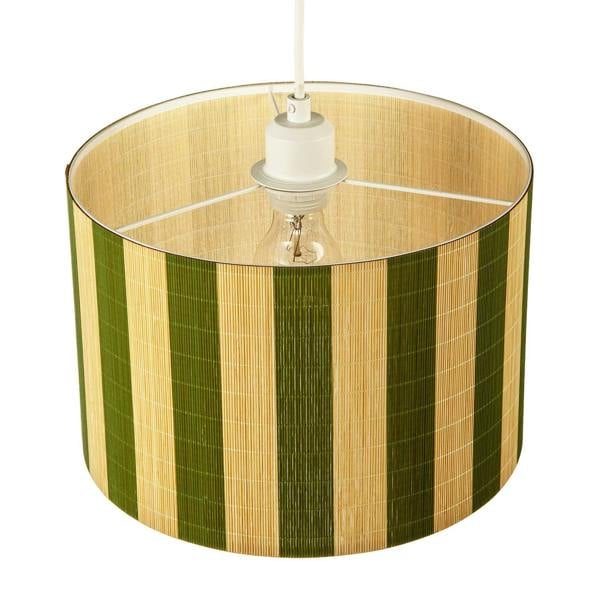 Chic Natural Brown Bamboo Lamp Shade with Garden Olive Green Stripes Image 3
