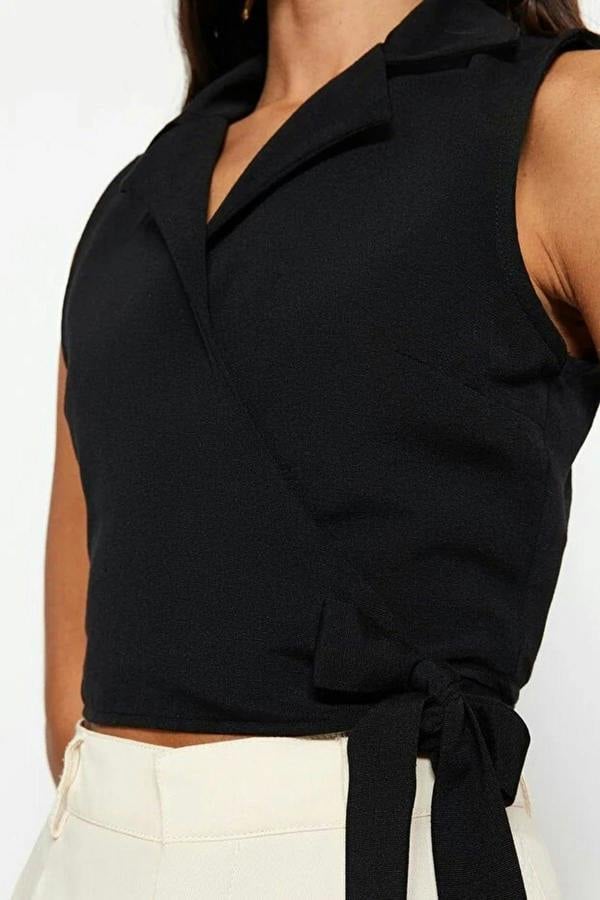 WOVCOR Tie-Up Crop Woven Linen-Look Blouse