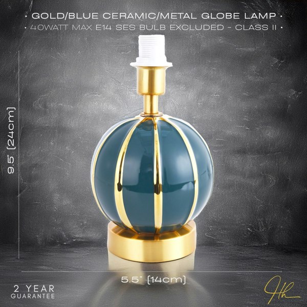 Classic Dark Teal Gloss Ceramic Spherical Table Lamp with Polished Gold Stripes Image 6