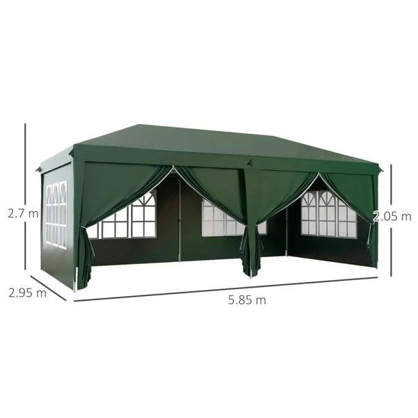 Dark green pop-up gazebo with curtained doors and window wall panels, 3-level layout