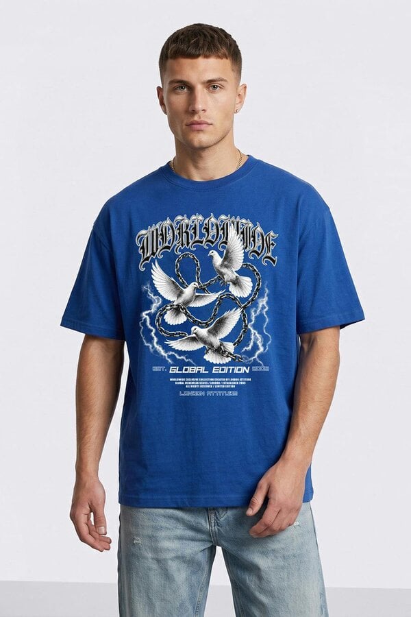 London Attitude Worldwide Global Edition Oversized Heavyweight Graphic T-Shirt - Deep Royal Blue